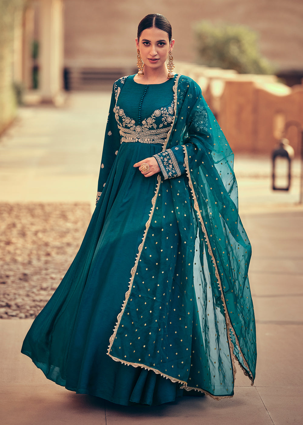 Blue Chinon Silk Bundi Motif Anarkali Gown with Mirror, Pearl, Thread,  Cutdana Embroidery with Soft Net Dupatta | Exotic India Art